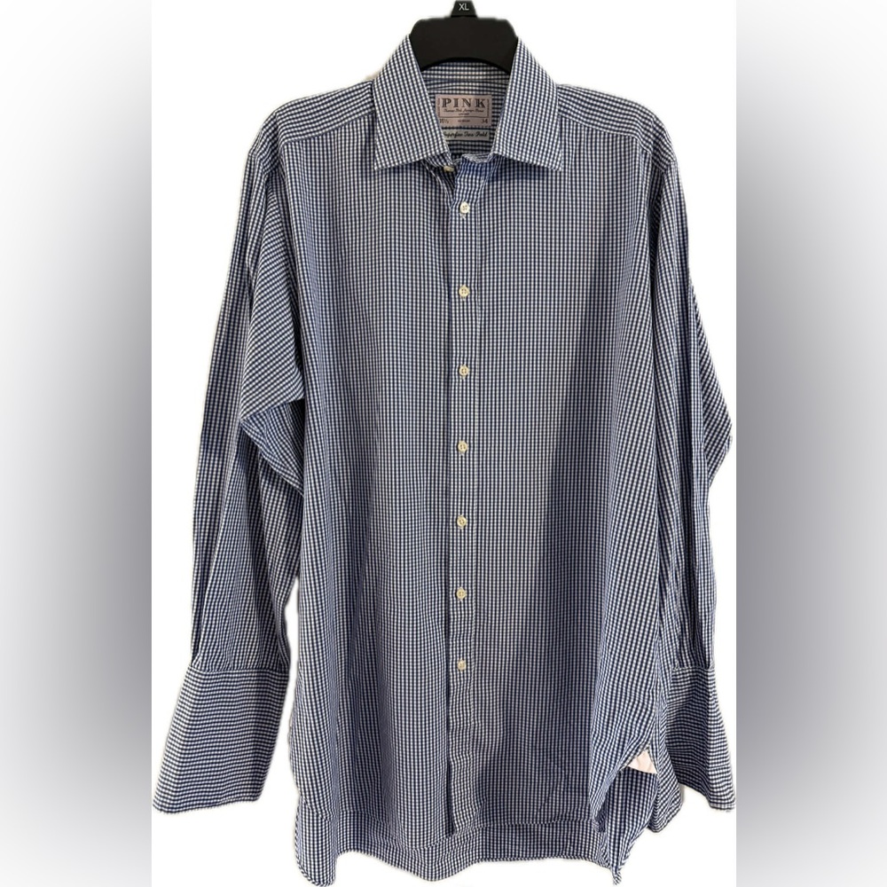 PINK Thomas Pink Dress Shirt Superfine Two Fold Jermyn Street Blue/White 16.5x34